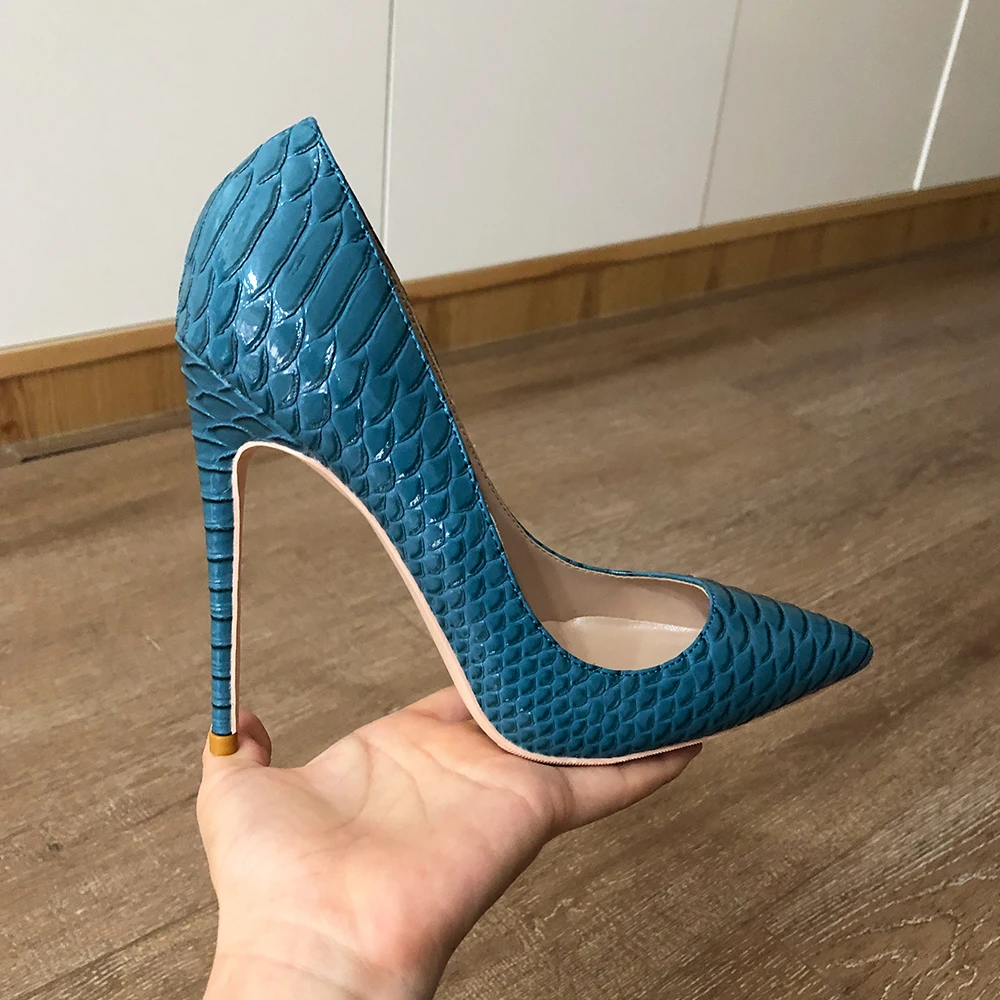 Veowalk décolleté a spillo Sexy con punta a punta da donna blu effetto Croco 8cm 10cm 12cm scarpe da festa con tacco alto sottile misura grande 43