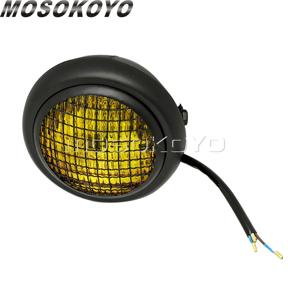 Retro Yellow Lens Headlight Sealed Beam Mesh Grill Guard High/Low Beam Headlamp for Harley Cafe Racer Scrambler Chopper