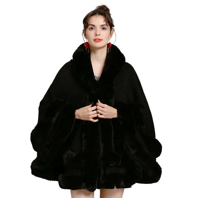 7 Women 2 Circle Fur Poncho Shawl Cloak With Hat Faux Fox Cape Big Pendulum Dovetail Cardigan Winter Warm Thick Loose Overcoat