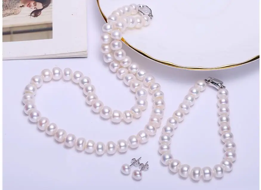 Natural Freshwater pearl multi piece suit bridal wedding accessories wholesale bracelet necklace Earrings 925  jewelry set