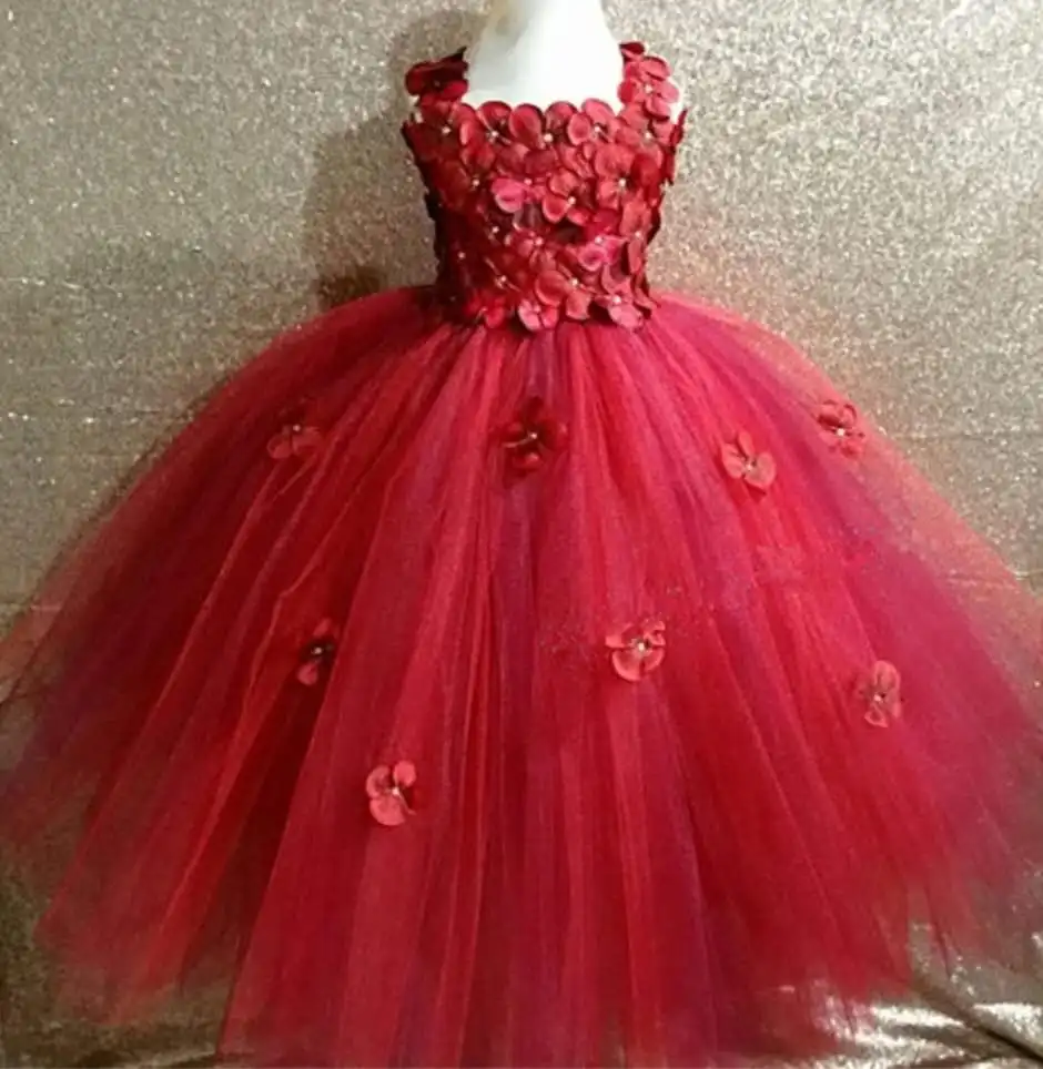 Quality Pink Princess Flowers Petal girl wedding dress girls Tulle Fuffy party Formal dress Princess Tutu Dress vestidos