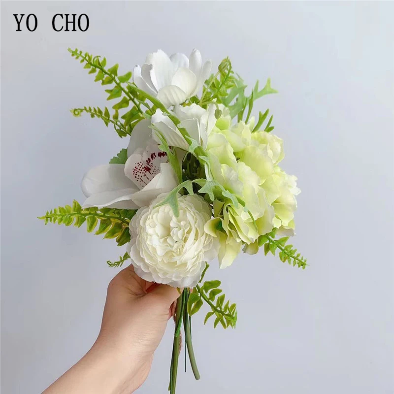 YO CHO เจ้าสาว Bouquet ดอกไม้ประดิษฐ์ดอกไม้ผ้าไหม Rose Orchid ไฮเดรนเยียสีขาวดอกไม้ Sims Azalea Camellia ดอกไม้งานแต่งงาน