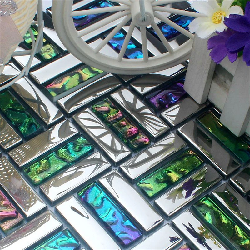 Iridescent seven color symphony gold electroplate Crystal glass Strip Mosaic Tiles for kitchen backsplash decoration bathroom