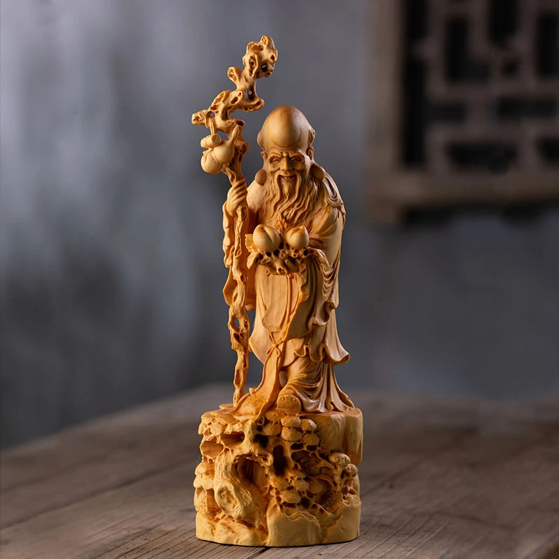 Hand-Carved Wooden Shouxing Statue, Elegant Longevity God Figurine for Elderly Birthday and Gift Giving