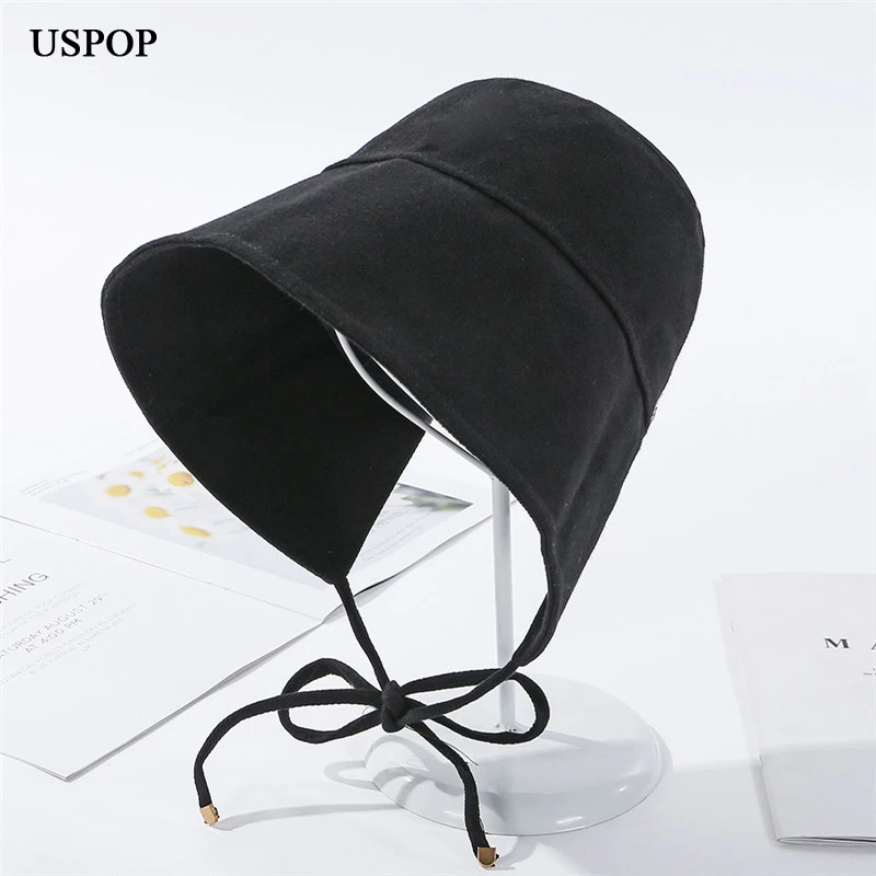 USPOP 2022 Spring New Fashion Women Bucket Hats Vintage Lace-up Bucket hat Solid Color 100% Cotton Summer Hats