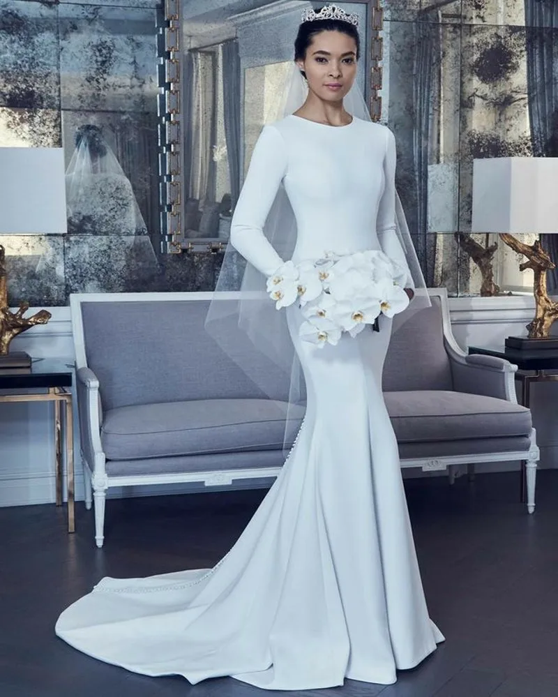 

2025 Satin Wedding Dresses New O-Neck Long Sleeve Pleated Sweep Train Mermaid Bridal Gowns Customized Vestidos De Novia