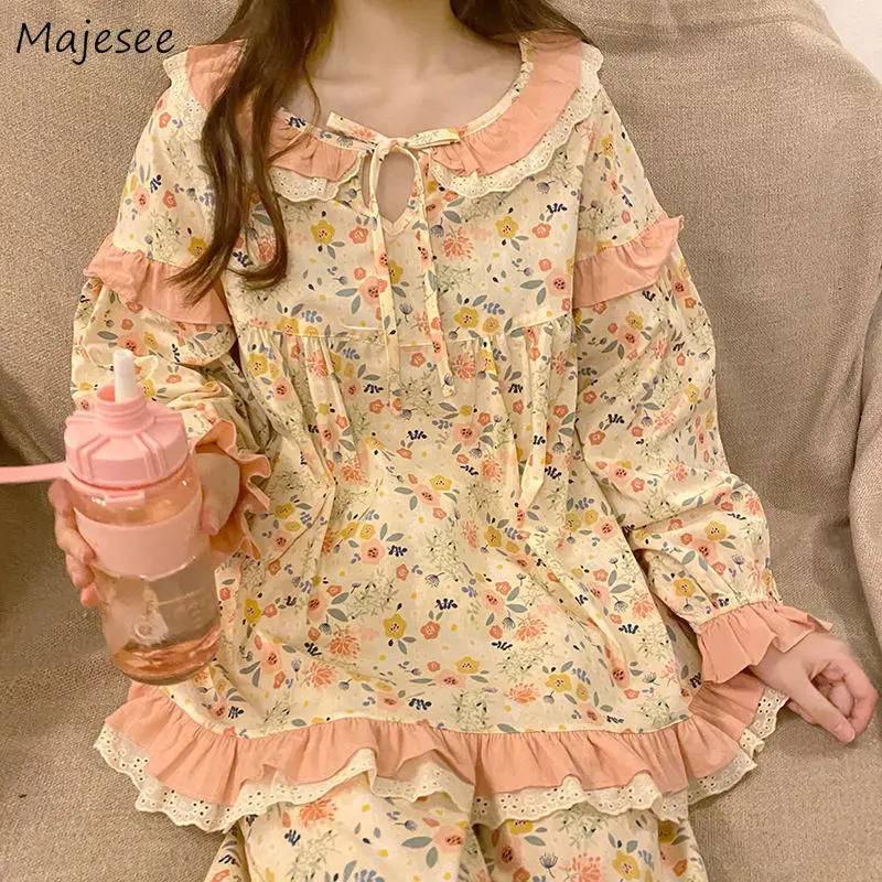 Pajama Sets Women Floral Tender Vintage Full Length Sweet Homewear Ins Girlish Korean Style Casual Fashion All-match Lovely New