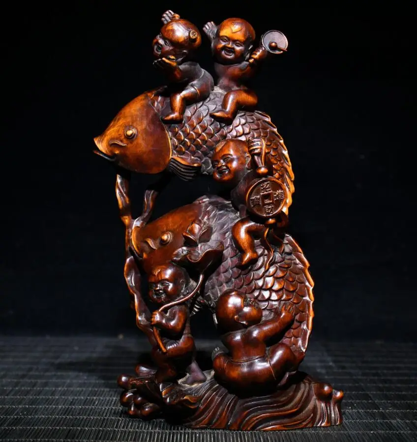 

Archaize seiko Hand-carved boxwood childs ride carp crafts statue