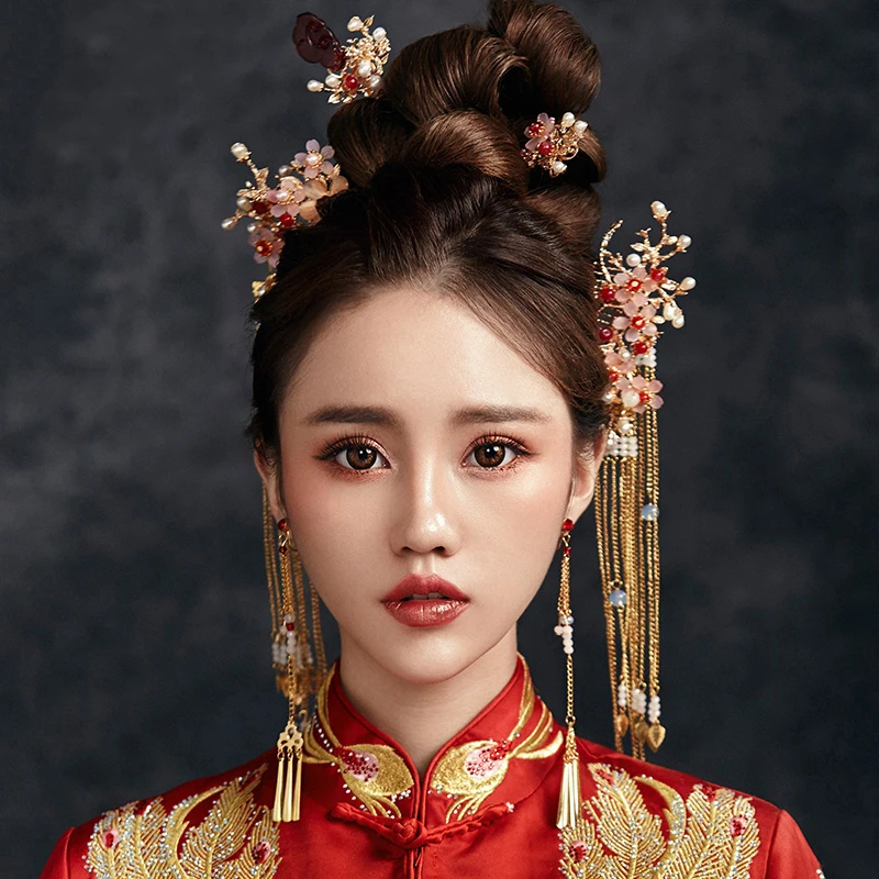 Retro Chinese Red Phoenix  Headdress Crown Catwalk Stage Wedding Hair Accessories