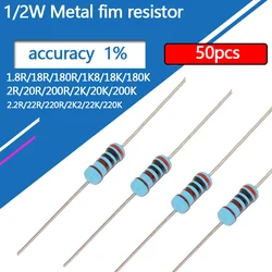 Resistencia de película metálica de 50 piezas, 1/2W, 1,1, 1,3, 1,8, 2, 2,2, 18, 20, 22, 180, 200, R K Ohm, 220, 1% W, 1K8, 2K, 2K2, 1R8, 2R, 2R2, 0.1R-10M