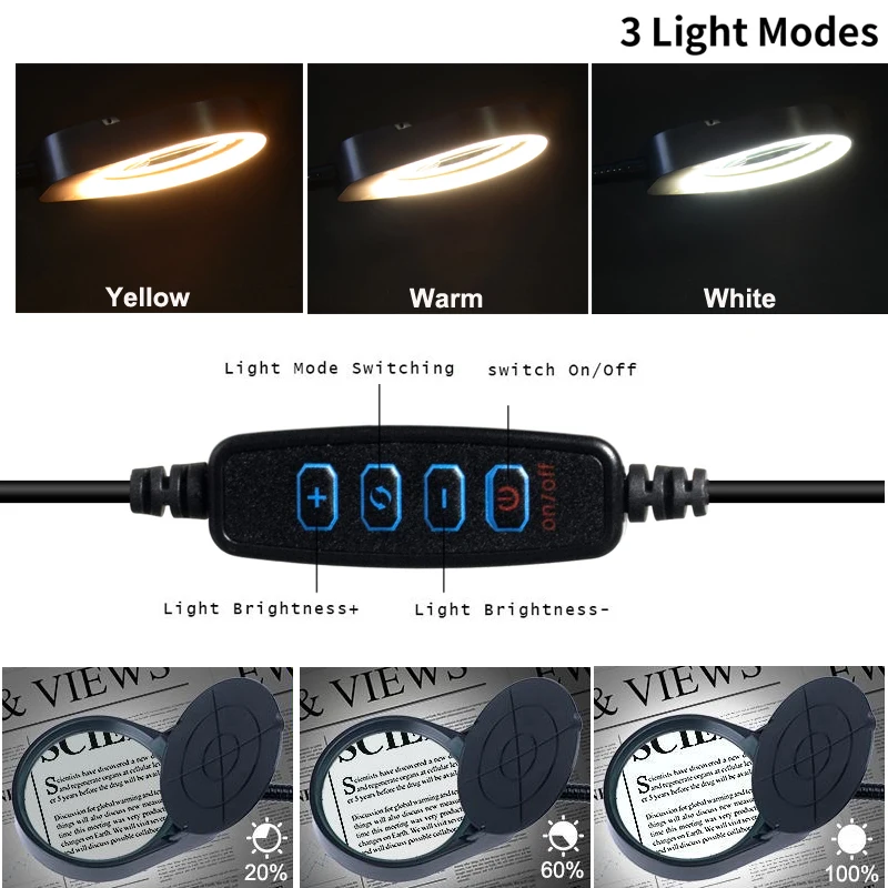 Magnifying Glass with LED Light Third Hand Soldering Tool Desk Clamp USB 8X/15X Magnifier Welding/Reading 5W Table Lamp