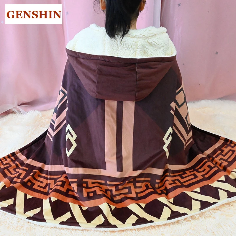 Game Genshin Impact Cosplay Plush Blanket Anime Project Zhongli Venti/Barbatos Klee Hutao Lamb Wool Hooded Cloak Halloween Shawl