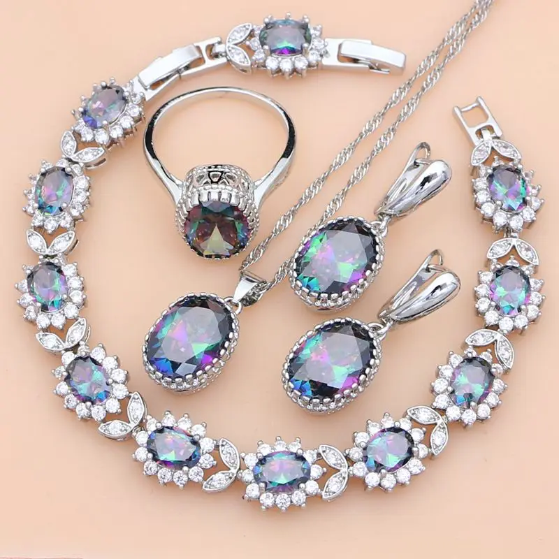 

925 Silver Jewelry Sets Mystic Rainbow Fire Cubic Zircon Decorations for Women Wedding Earrings/Pendant/Necklace/Ring/Bracelet