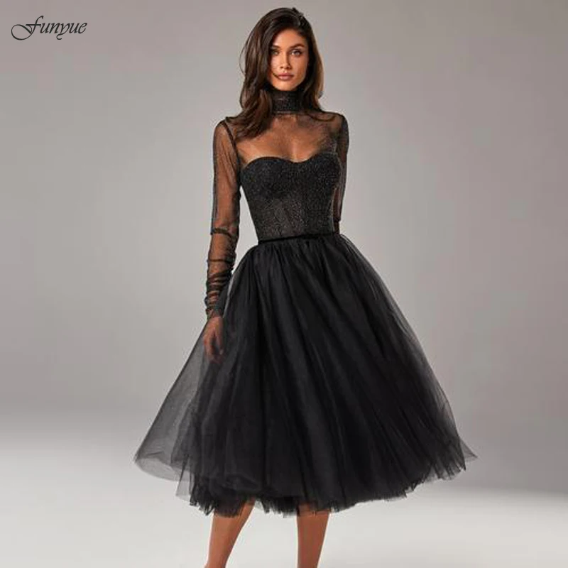 Vestidos para baile de graduación ilusión, Vestidos negros de manga larga de tul, escote de corazón, Fiesta de bienvenida, noche, graduación