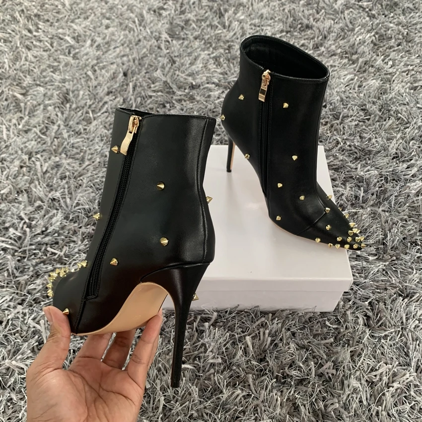 2020 autumn winter women boots black white leather rivet ankle boots for women pointed toe high heels boots sexy ladies shoes