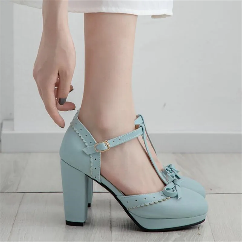 

Girls' Shoes New Women Mary Janes Pumps T-Strap Women 8cm Spike Heels Shoes Bowtie Lolita Shoes Buckle Strap Wedding Bridal Shoe