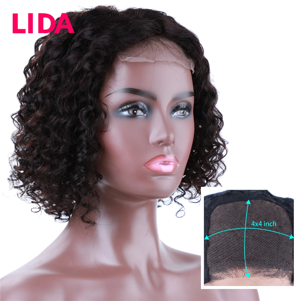 

Lida 4*4 Lace Closure Wig Non-Remy India Hair Kinky Curly Lace Wig Pre Plucked Hairline Short Bob Human Hair For Women