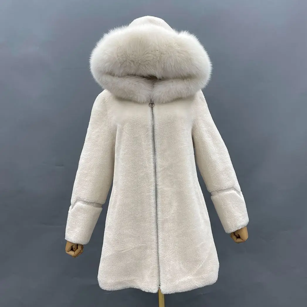 

Real Sheep Fur Coat Women Loose Casual Warm Cream Wool Shearling Jacket With Fox Fur Trim Hood Women's Winter Jacket