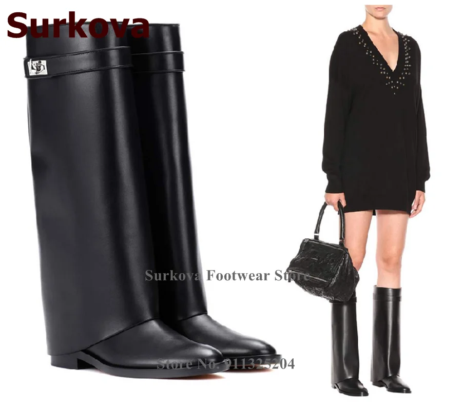 Surkova Shark Lock Low Heel Knee-High Boots Women Black Matte Leather Strap Turn Over Metal Decoration Dress Boots Chunky Heels