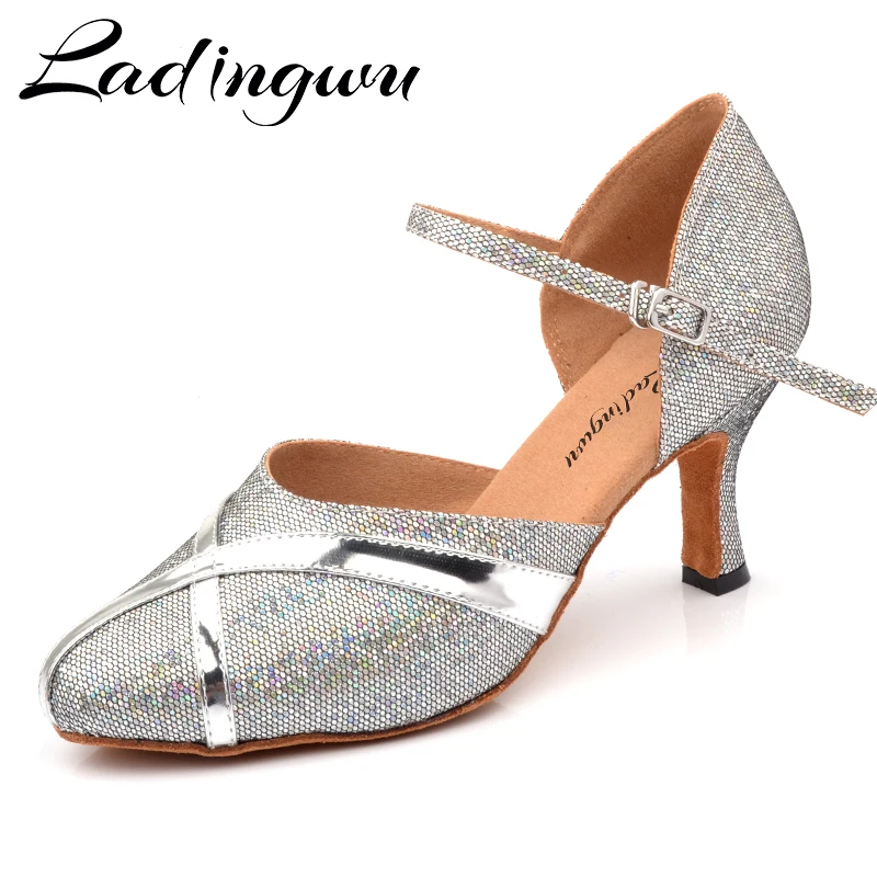 

Ladingwu Silver Flash cloth Closed toe Latin Dance Shoes PU Ballroom Tango Salsa Dance Shoes Performance Dance Shoes