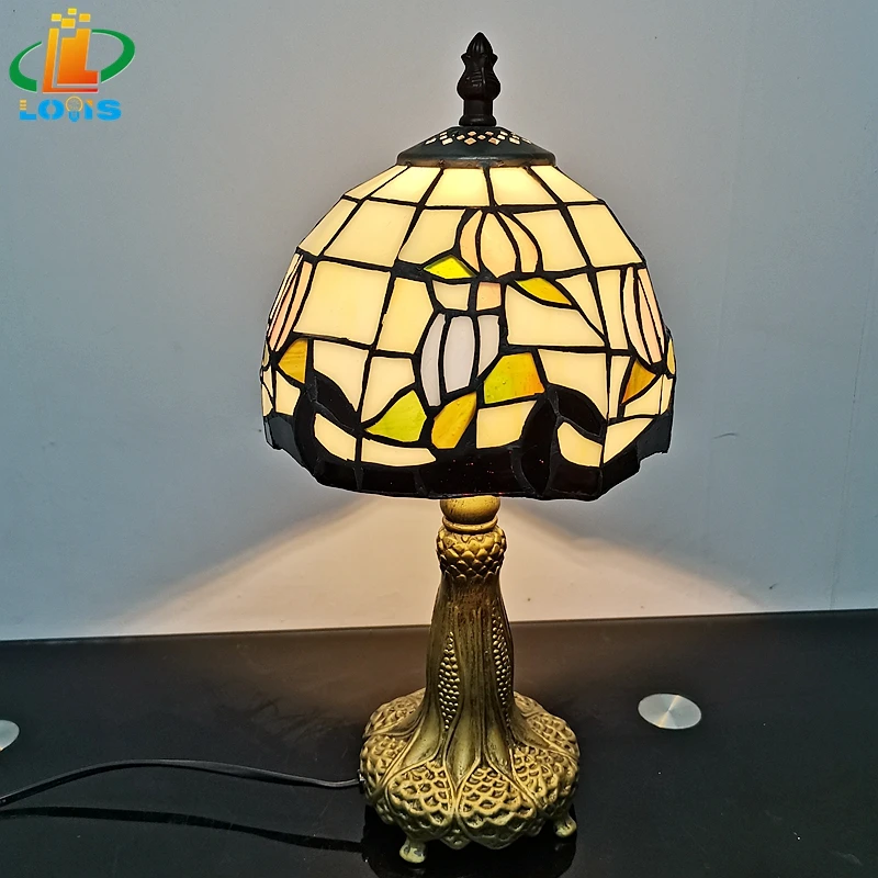 European 8 Inch Tulip Small Table Lamp Tiffany Style Café Bar Glass Antique Night Light Bedroom Bedside Computer Desk Lamps