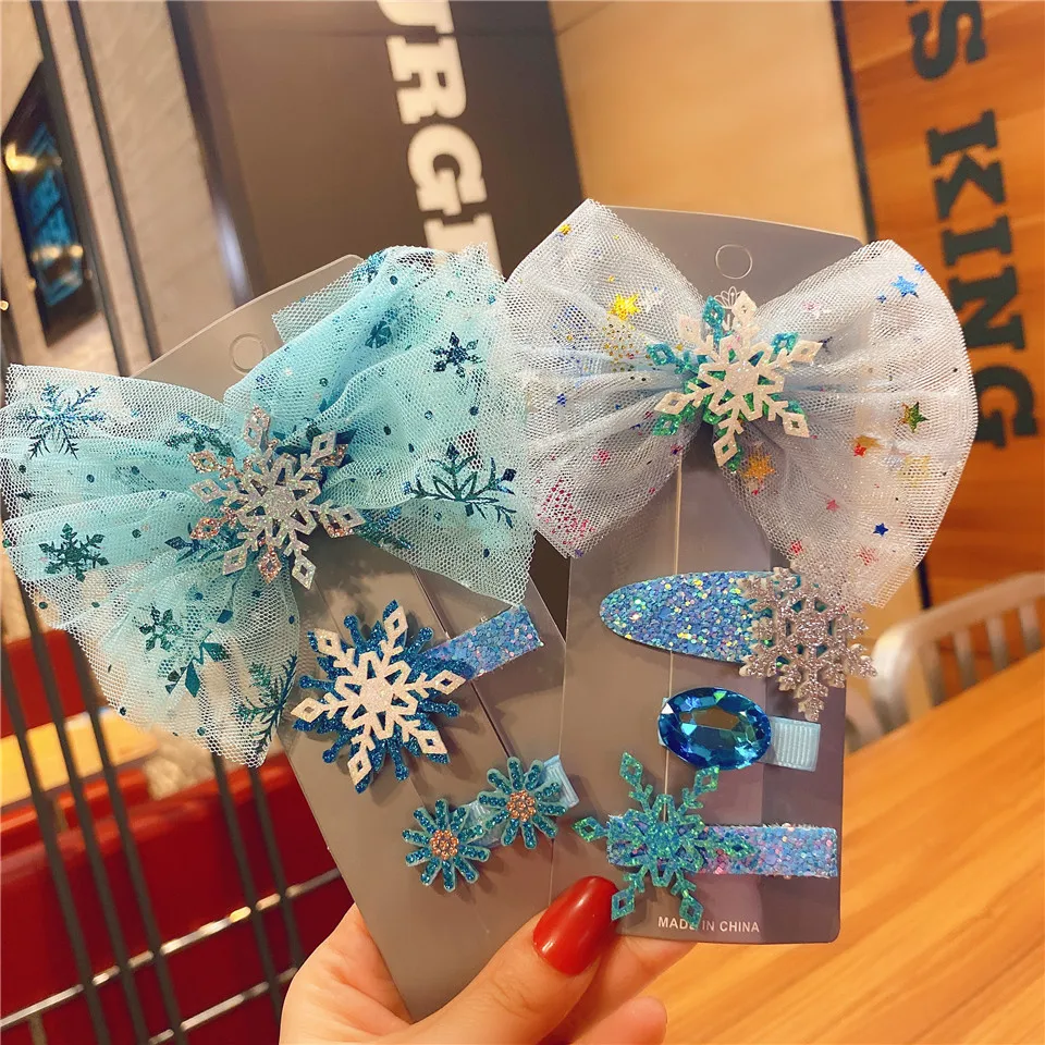 3/5Pcs/Set New Snowflake Chiffon Bow Hairpins Girls Cute Yarn Hair Clip Children Sweet Barrettes Kids Fashion Hair Accessories