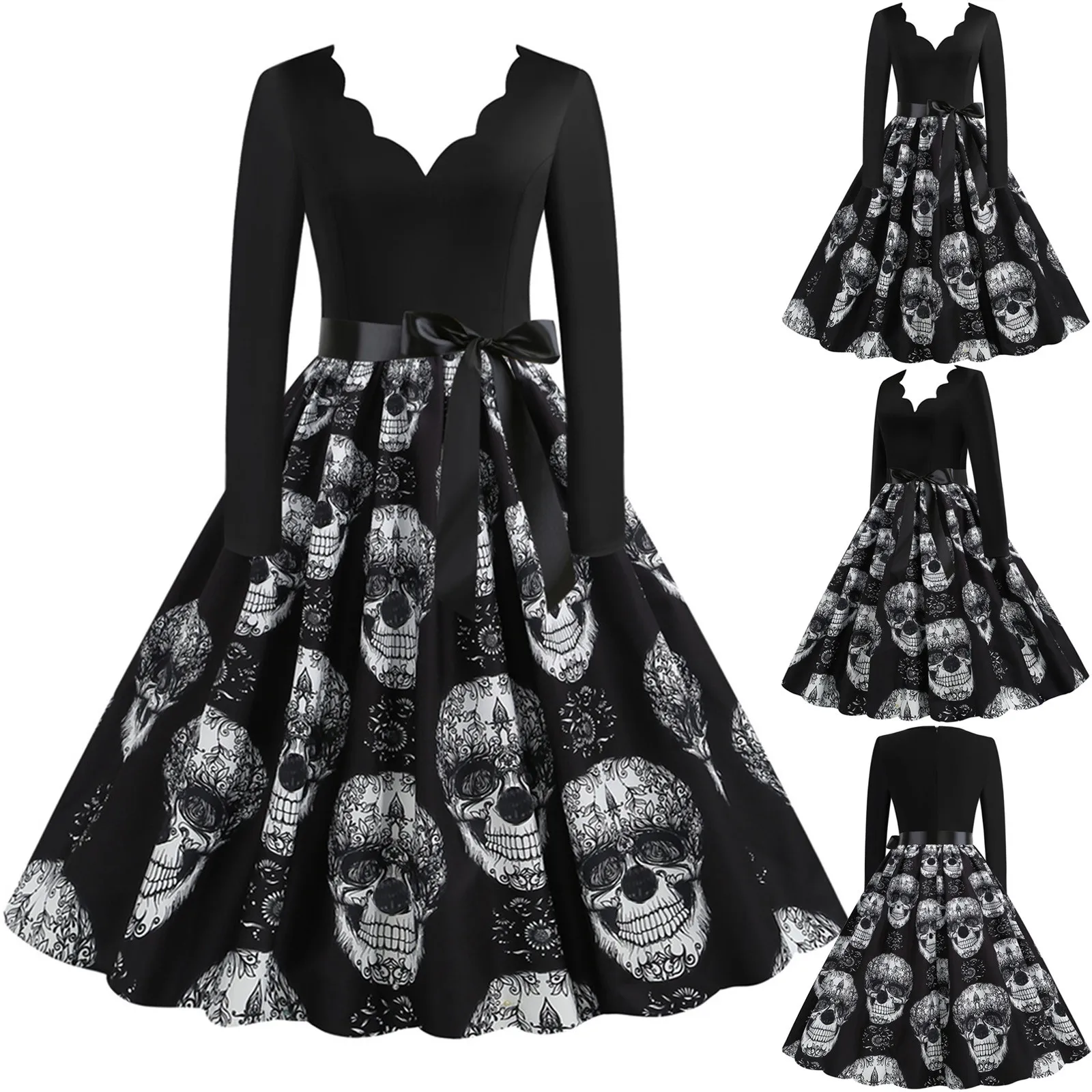 Gótico crânio imprimir vestidos de halloween feminino tamanho grande vintage manga longa halloween 1950s dona de casa festa à noite vestido de baile