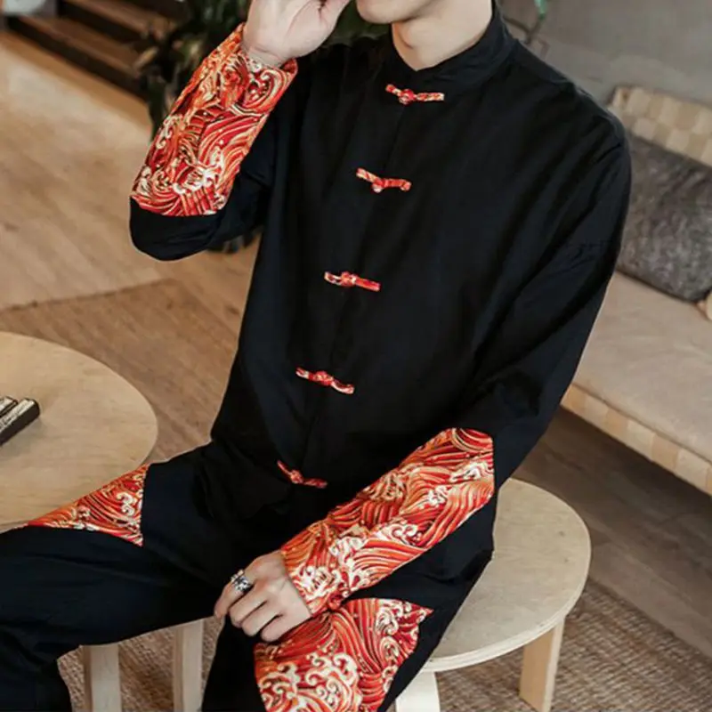 Spring 2022 New Men's Shirt Splice High Quality Chinese-style Stand Collar Plate Button Tang Fashion Shirt Man