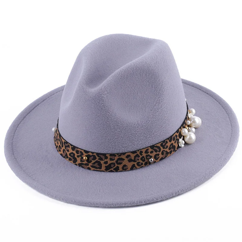 Wide brim jazz hat autumn winter ladies pearl big brim fedora hat fashion leopard woolen hat women panama hat