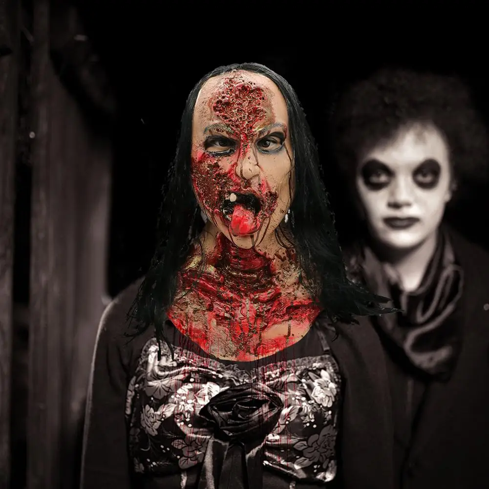 Blutige Frau Ghost Maske Lange Haar Geist Doktor Nurse Scary Requisiten Geist Gesicht Abdeckung Halloween Haunted Lange Haar Kleid Bis prop