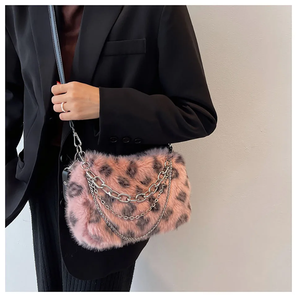 2021 Winter Leopard Plush Women Shoulder Bag Fashion Autumn Soft Faux Fur Handbag Baquette Ladies Crossbody Bags Bolso de Otono