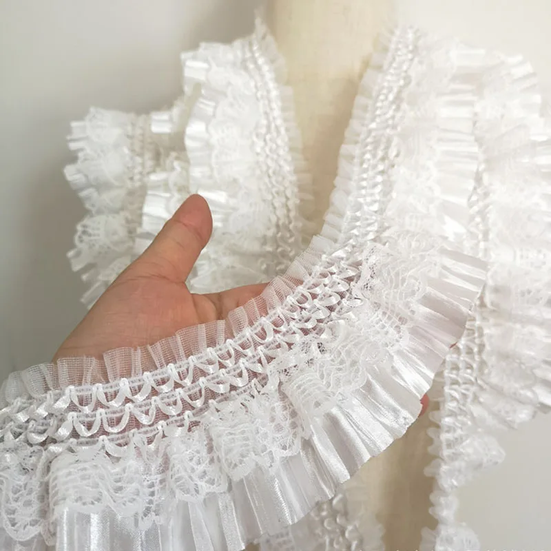 7cm White Pleated Net Lace Edge Trim Ribbon Fabric Embroidery Applique Sewing Craft Crochet Wedding Dress Collar Ruffle Clothes