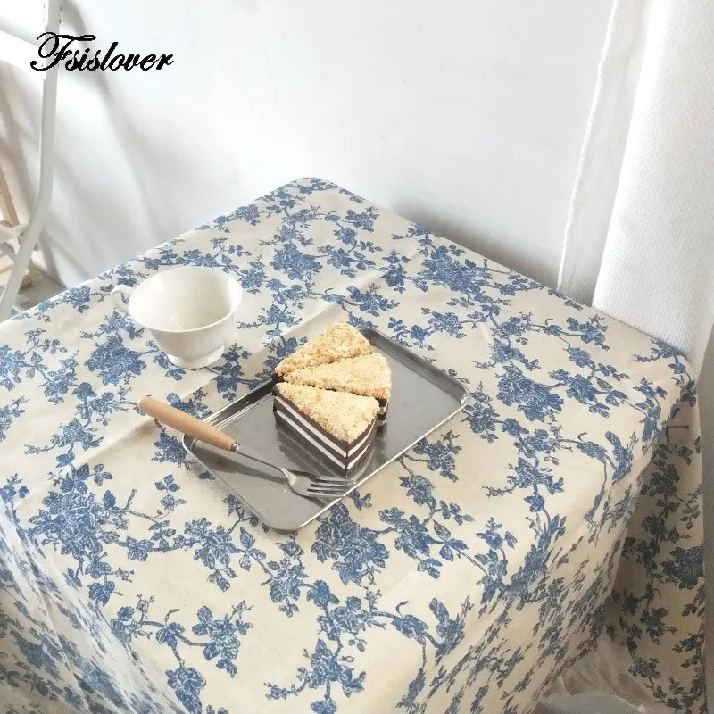 Blue Flower Tablecloth Cotton Linen Table Cover for Dining Wedding Rectangular Coffee Table Decoration tapete 식탁보