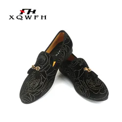 XQWFH Mens Black Embroider Loafers Luxury Rhinestone Moccasins Shoes Men Tassel Casual Slippers Slip On Flats Brand Dress Shoes