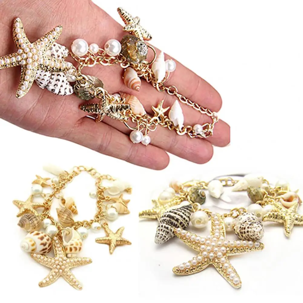 Women Beach Bracelet Cute Adjustable Gold Plated Ocean Faux Pearl Shell Starfish Link Chain Beach Bracelet