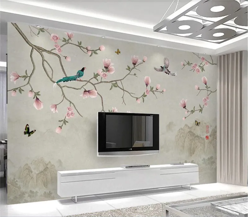 

XUE SU Custom wallpaper mural new Chinese style simple hand-painted jade hall rich flowers and birds TV background wall