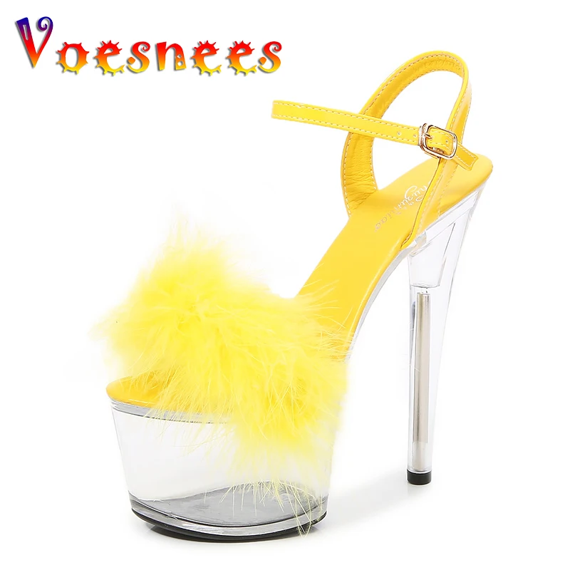 Voesnees Model Show Fur Women Shoes Clear Sandals Thin Heels Platform 2021 New Crystal High Heels 17cm Sexy Stripper Pole Shoes