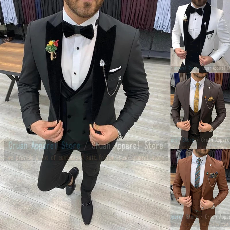 

Fashion Black Suits for Men Formal Slim Fit Best Man Groom Wedding Dress Tuxedo Business Jacket Double Breasted Vest Pants 3Pcs