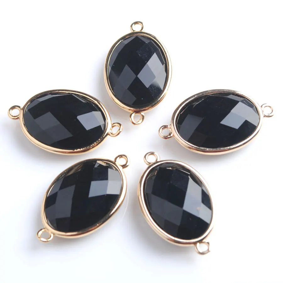 10pcs Shiny Oval Faceted Natural Black Agates Stone Beads Two Hole Connector for Female Homme Jewelry Making Z9065