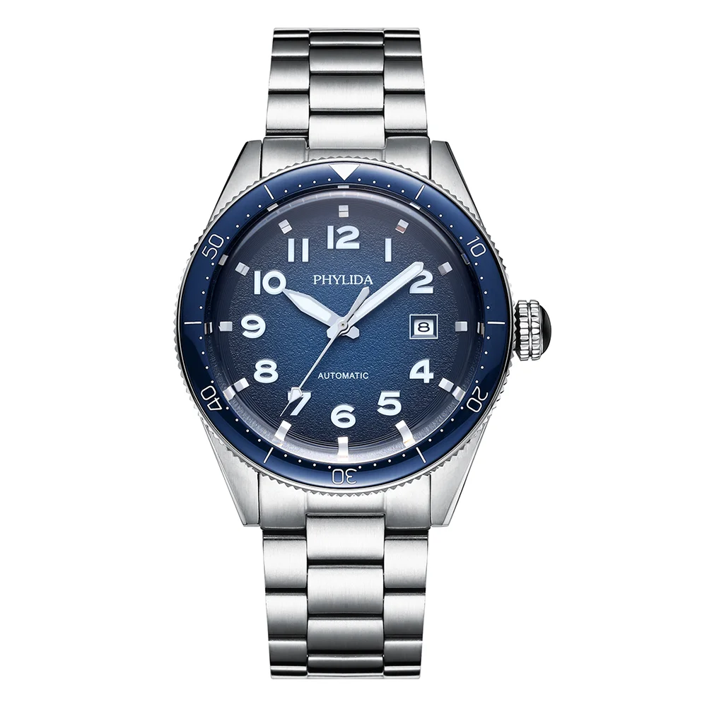 

PHYLIDA Luxury Business Sport Mechanical Wristwatch Blue Mens Watches Automatic Stainless Steel Waterproof