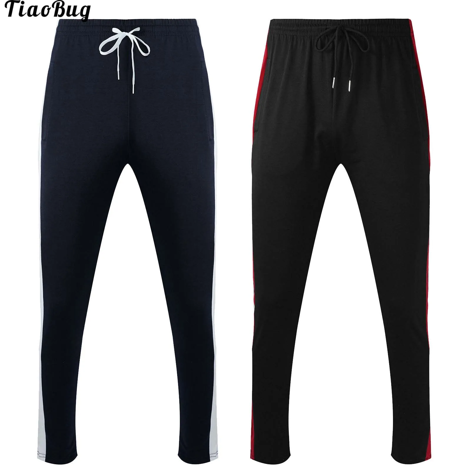 

TiaoBug Man Spring Autumn Elastic Waistband With Drawstring Side Patchwork Casual Sport Fitness Pants Trousers For Running Gym