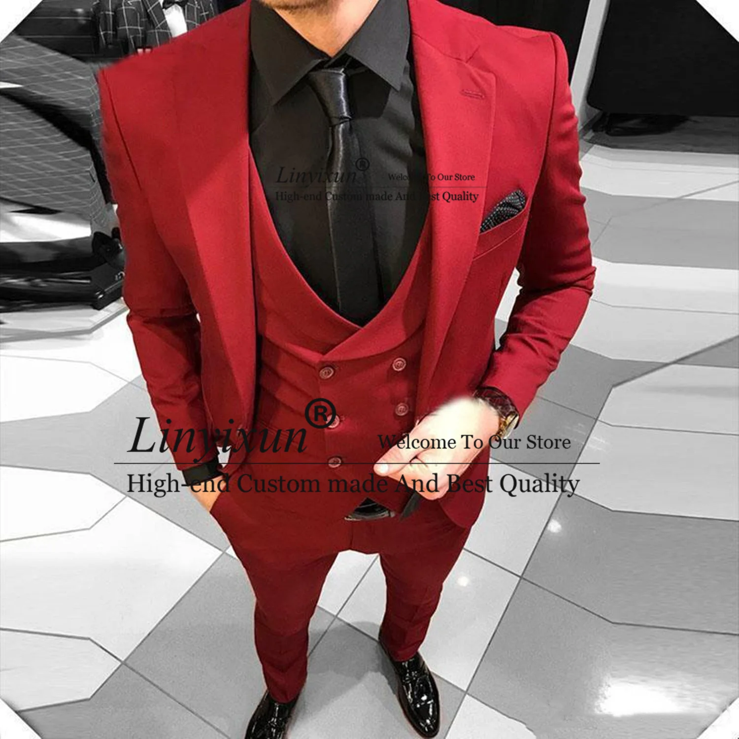 

Men's Red Notched Lapel Wedding Suits Evening Party Prom Bridegroom Custom Made Slim Fit Casual Three Pieces Best Man Tuxedos