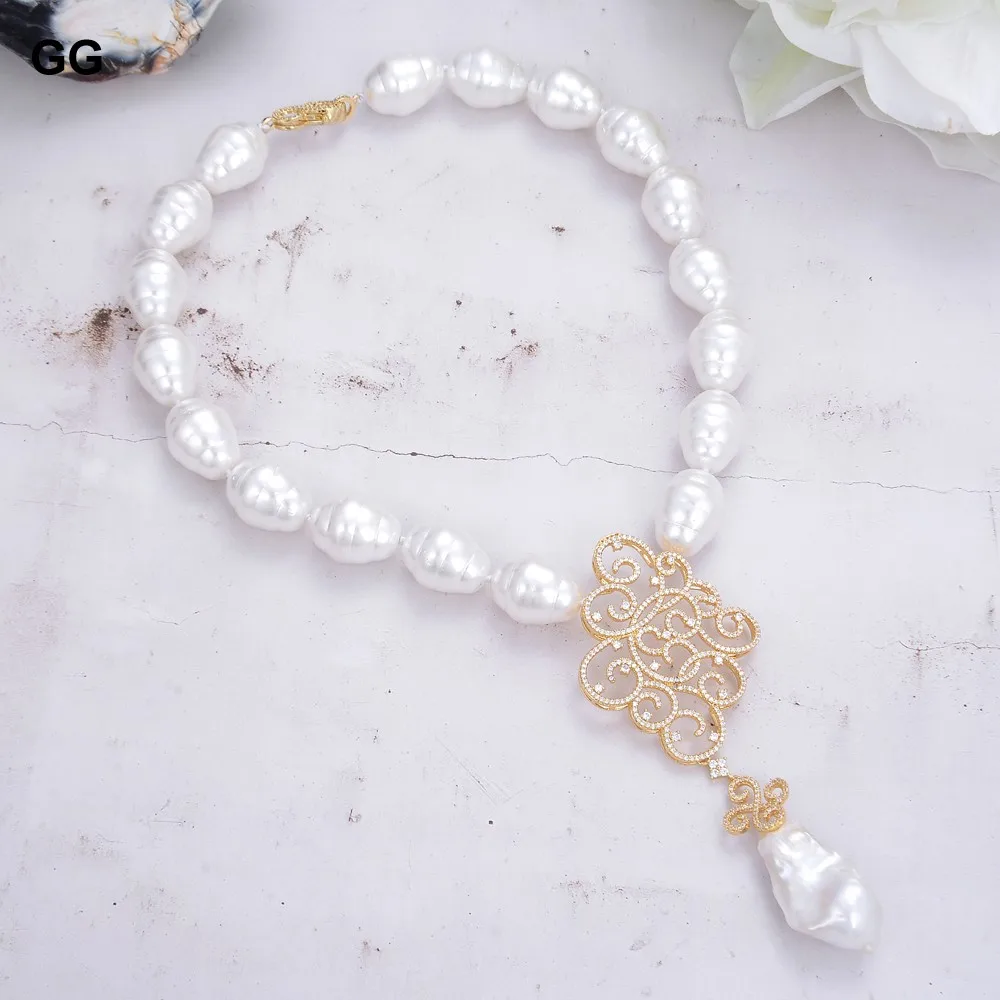 

GG Natural White Sea Shell Pearl Necklace White Keshi Pearl Propitious Cloud Cubic Zirconia Micro Gold Plated Pendant