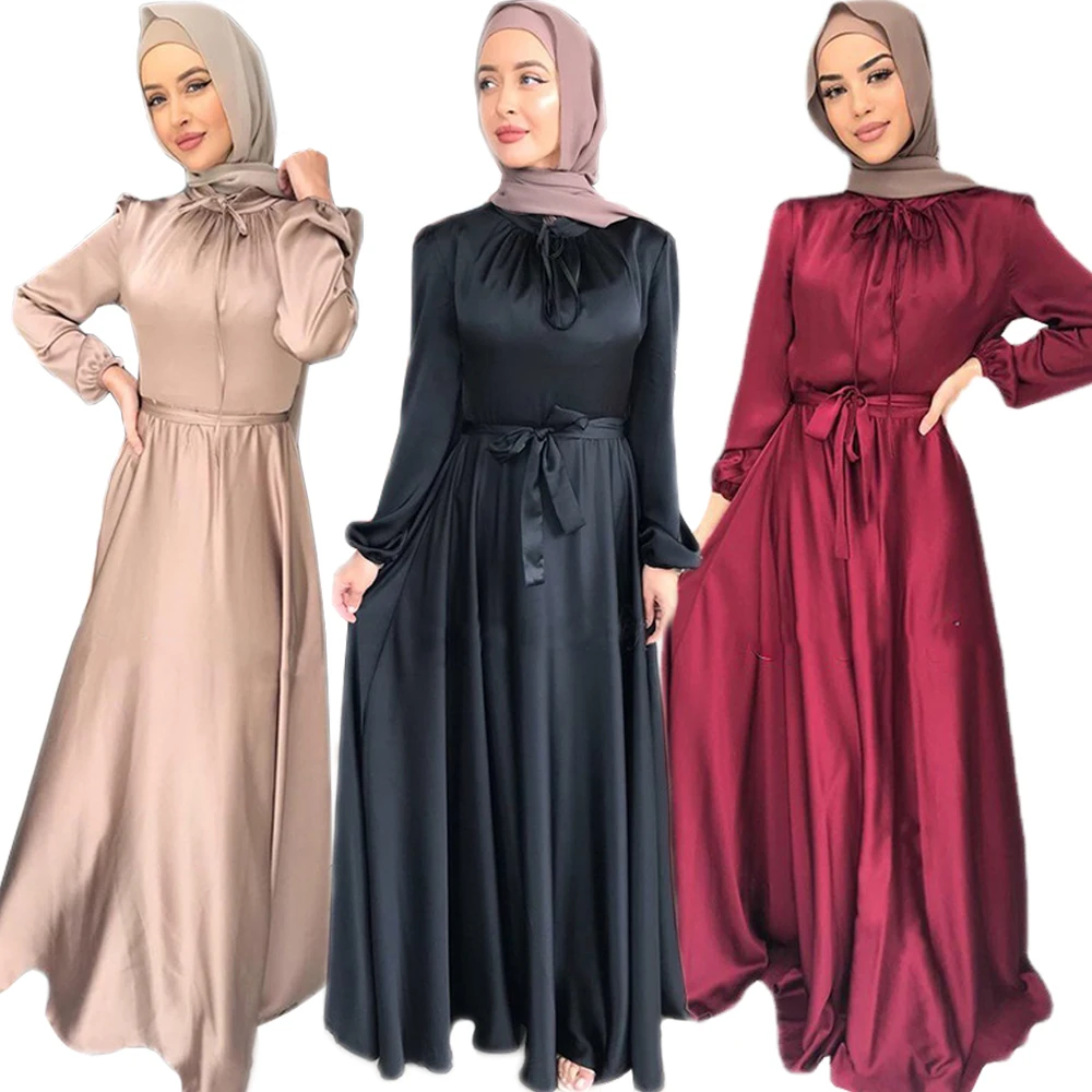 

Satin Dubai Kaftan Muslim Women Long Dress Ramadan Maxi Robe Islamic Arabic Abaya Middle East Turkey Elegant Party Evening Robe