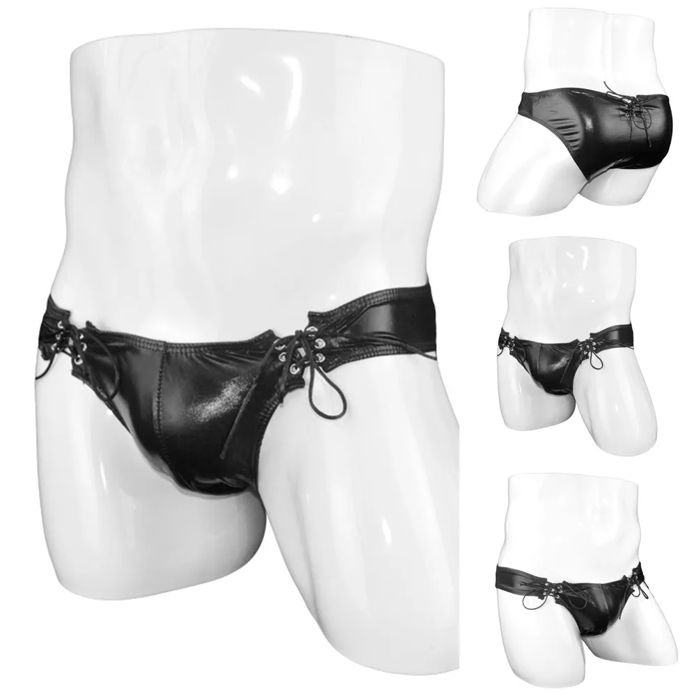 Men Sexy Underwear Faux Leather Shorts Low Waist Pouch Underpants Bandage Nightclub Wear Clothes Fashion Bottom Male Pants - Image 5