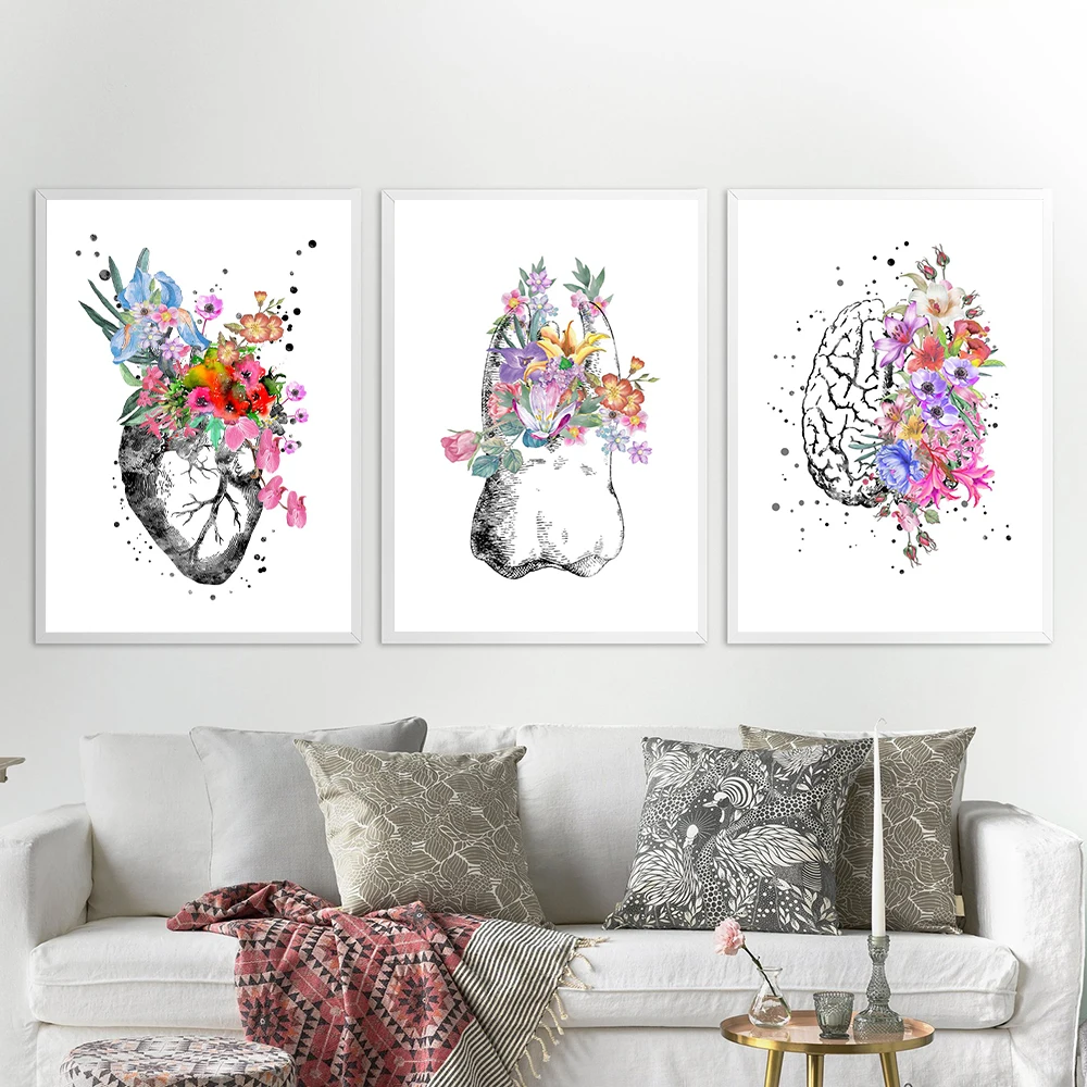 Colorful Anatomy Floral Brain Heart Tooth Wall Art Canvas Painting Nordic Posters And Prints Wall Pictures Doctors Office Decor