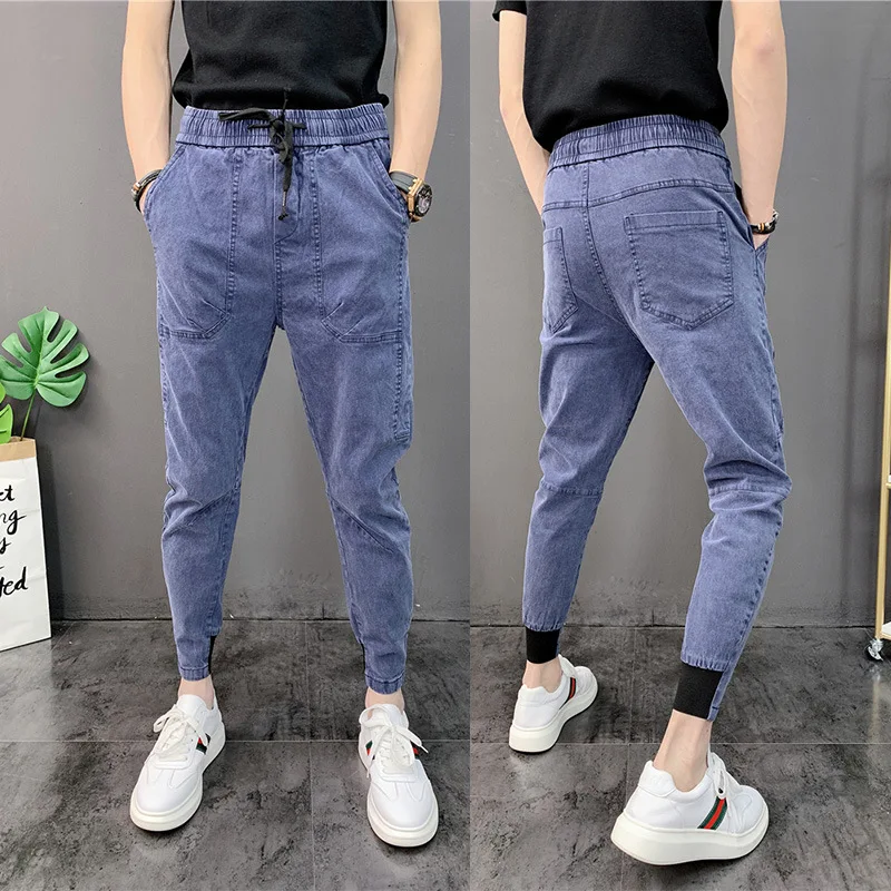 

Spring Autumn 2021 Drawstring thin small-footed jeans solid elastic waist harem pants men's casual teenagers students feet pants