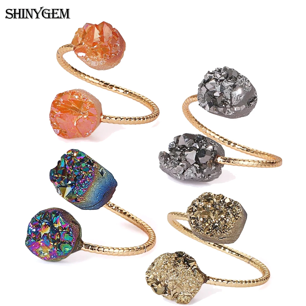 ShinyGem Vintage Natural Irregular Sparkly Double Druzy Stone Ring Gold Plating Adjustable Sizs For Women Wholesale Jewelry 5pcs