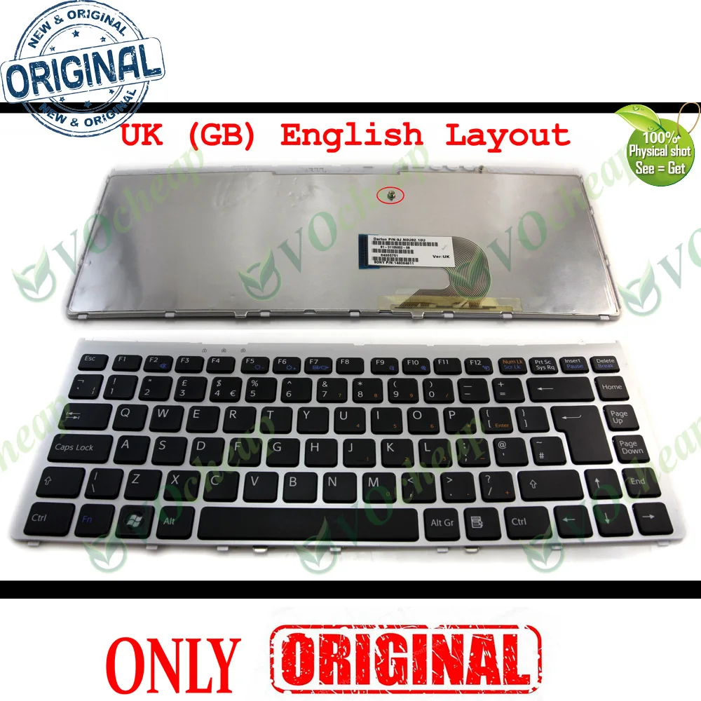 New UK  GB Laptop Keyboard for Sony Vaio VGN-FW FW (FW270JW FW280J FW290 FW130E FW170J FW139N/W FW140N) with Silver Frame Black