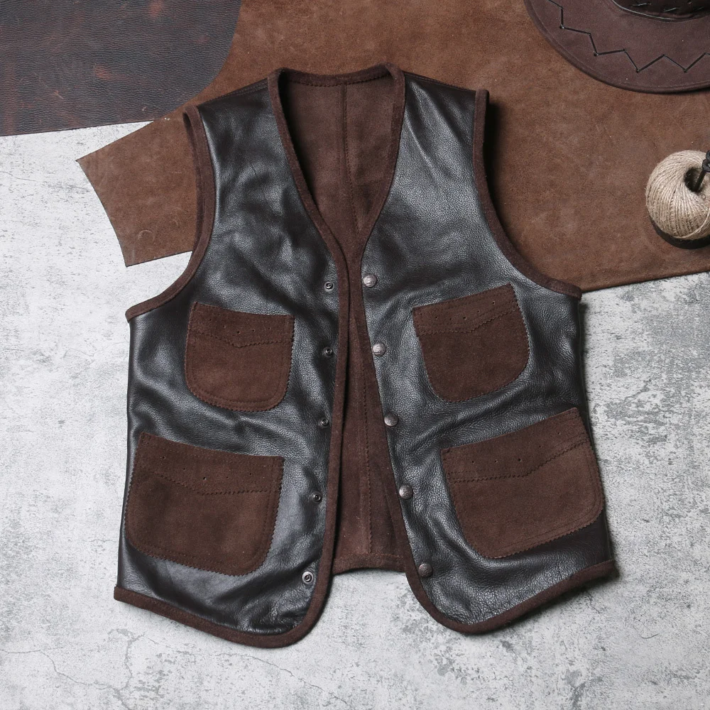 Western Vintage Cowboy Leather Vest Mens Genuine Leather Sleeveless Jackets Handmade 100% Cowhide Waistcoat Asian Size S-3XL